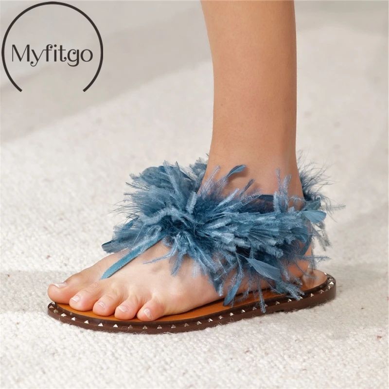 Myfitgo Brand Summer Ostrich Hair Fashion Sandals Women's Flat Flip Flops Rivets Fur Show Party Shoes Real Feather Casual Sandal
Myfitgo Brand Summer Ostrich Hair Fashion Sandals Women's Flat Flip Flops Rivets Fur Show Party Shoes Real Feather Casual Sandal