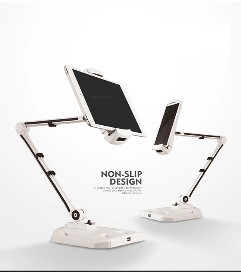 

360 Full Rotation Foldable Aluminum Alloy 4.7-12.2 inch Tablet PC Holder/Smartphone Holder Stand with USB Port Charger Big Base