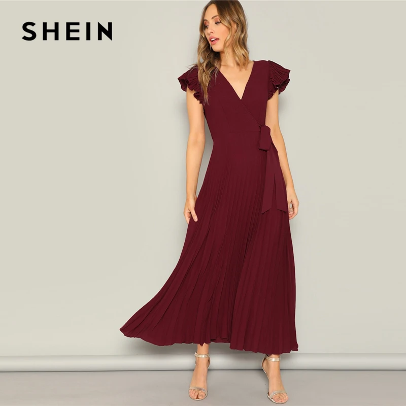 

SHEIN Glamorous Burgundy Waist Knot Flutter Sleeve V-neck Maxi Dress 2019 Spring Fit And Flare Short Sleeve Elegant Dresses