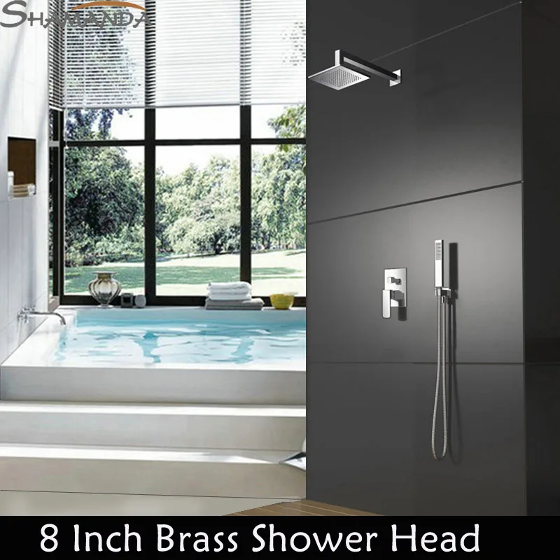 Free Shipping Bathroom Products In Wall Mounted Rainfall Shower Set With 8 Inch Brass Head Simple Bath Faucet Mixer Tap | Обустройство