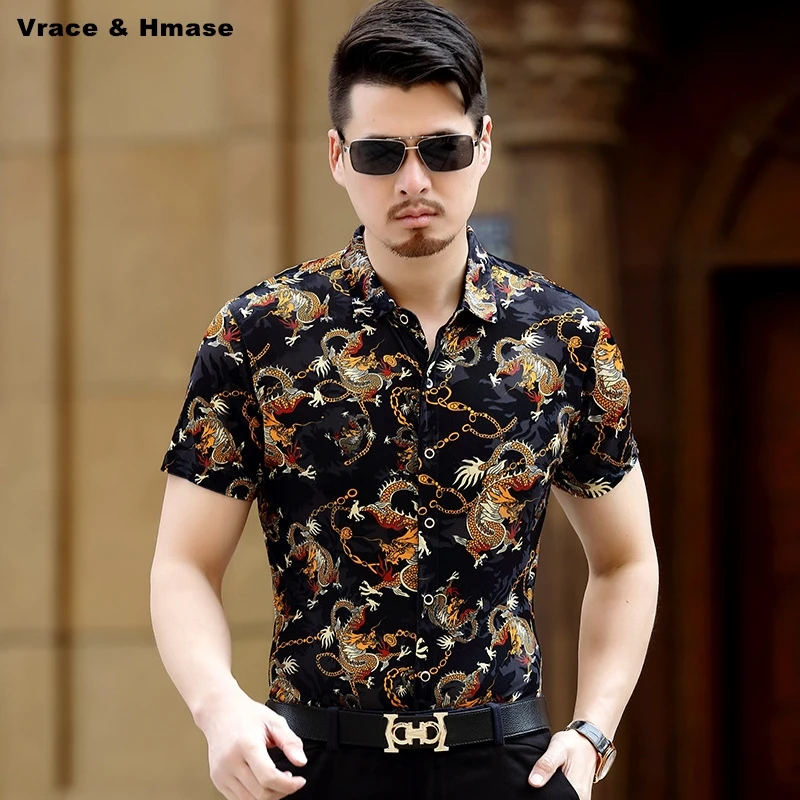 

Chinese style dragon totem printing fashion casual short sleeve shirt Summer new arrival pleuche hollow quality men shirt M-XXXL