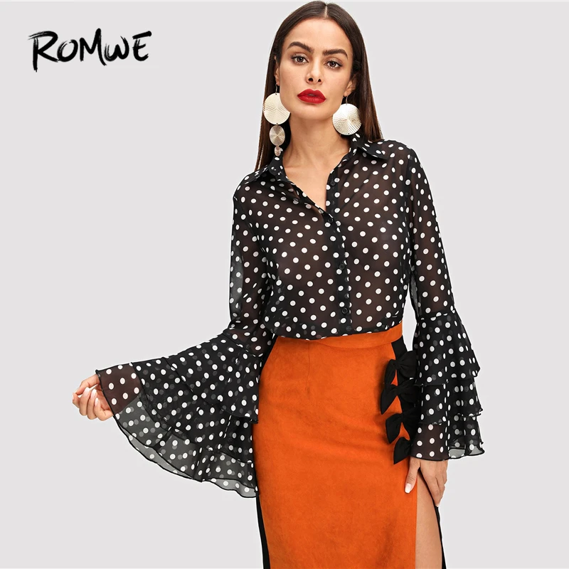 ROMWE Tiered Bell Sleeve Dot Print Blouse 2019 Turn Down Collar Long Sleeve Black and White Spring Autumn Sexy Women Tops
ROMWE Tiered Bell Sleeve Dot Print Blouse 2019 Turn Down Collar Long Sleeve Black and White Spring Autumn Sexy Women Tops