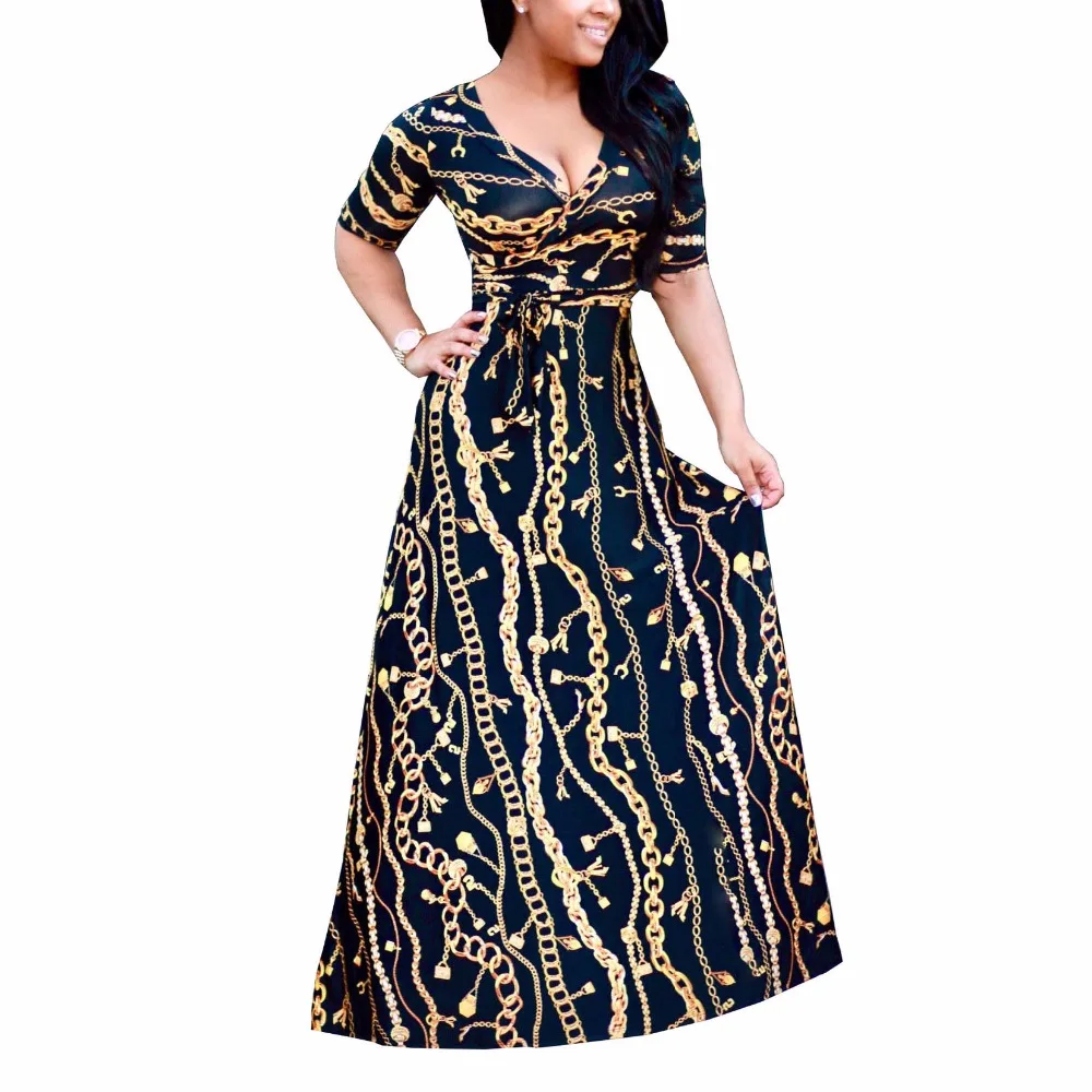 New Arrival Women Maxi Dresses V-Neck half Sleeve Womens Fashion Iron chain print Long Party Dress D1150
New Arrival Women Maxi Dresses V-Neck half Sleeve Womens Fashion Iron chain print Long Party Dress D1150