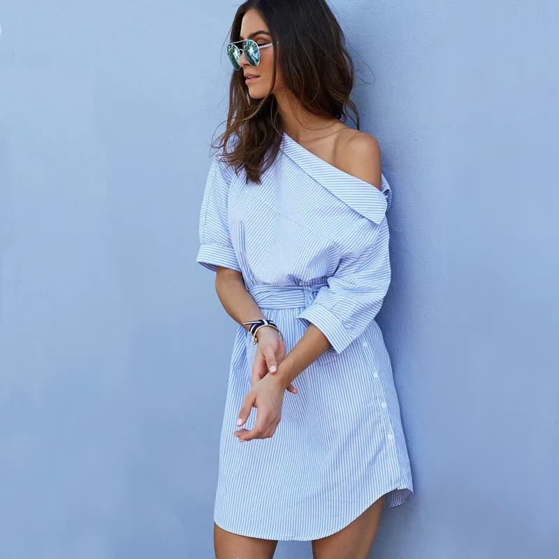Fashion one shoulder Blue striped women shirt dress Sexy side split Elegant half sleeve waistband Casual beach dresses
Fashion one shoulder Blue striped women shirt dress Sexy side split Elegant half sleeve waistband Casual beach dresses
