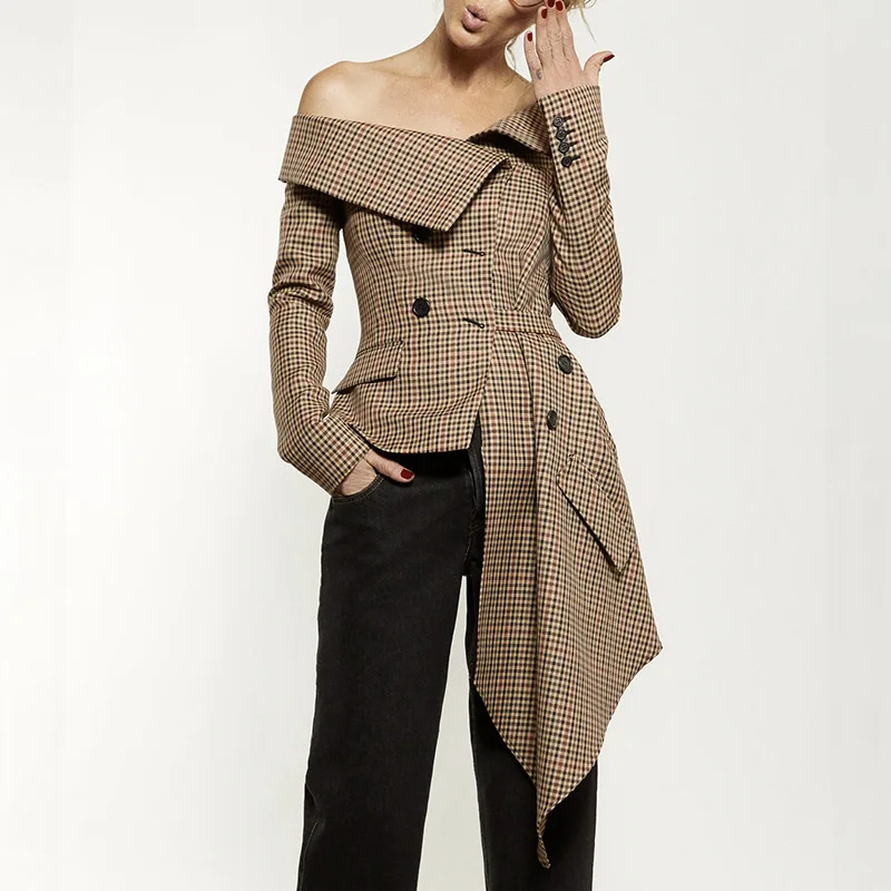 Korean 2019 Spring Women's Small Suits Shoulder Out of Line Irregular Hem Jacket Full Plaid V-Neck Blazers
Korean 2019 Spring Women's Small Suits Shoulder Out of Line Irregular Hem Jacket Full Plaid V-Neck Blazers