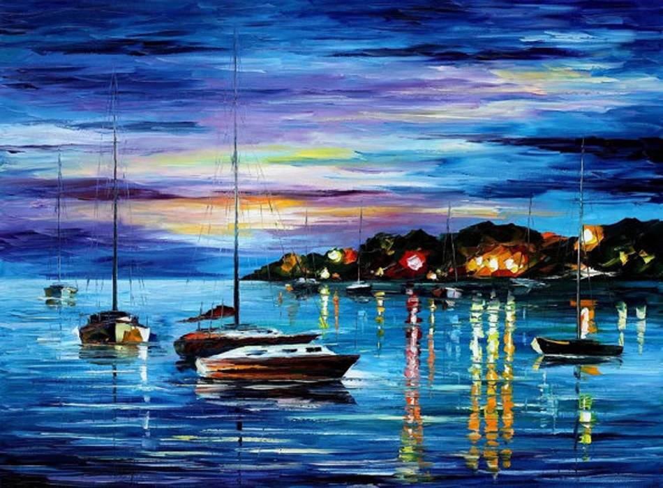 

Artist Handpainted Abstract Landscape Night Seascape Boats Oil Painting On Canvas For Wall Decoration Boat Painting Wholesale