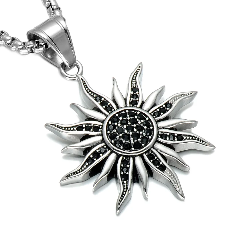 Steel Unusual Shape Sunflower Stainless Steel Pendant Necklace Pave Full Black Rhinestones Totem Pendants Necklaces Men Jewelr
Steel Unusual Shape Sunflower Stainless Steel Pendant Necklace Pave Full Black Rhinestones Totem Pendants Necklaces Men Jewelr