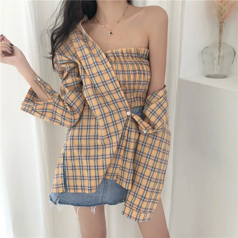 2 Pieces Set Plaid Shirt Women +tube Top Sexy Fashion Blouse Long Sleeve Chemise Femme Chemisier Blusa Mujer Camisa
2 Pieces Set Plaid Shirt Women +tube Top Sexy Fashion Blouse Long Sleeve Chemise Femme Chemisier Blusa Mujer Camisa