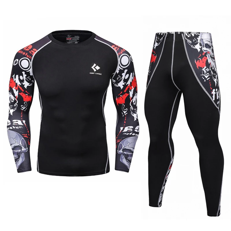 Image Mens Compression T Shirt Pants Set Bodybuilding Tight Long Sleeves Shirts Leggings Suits MMA Crossfit Workout Fitness Sportswear