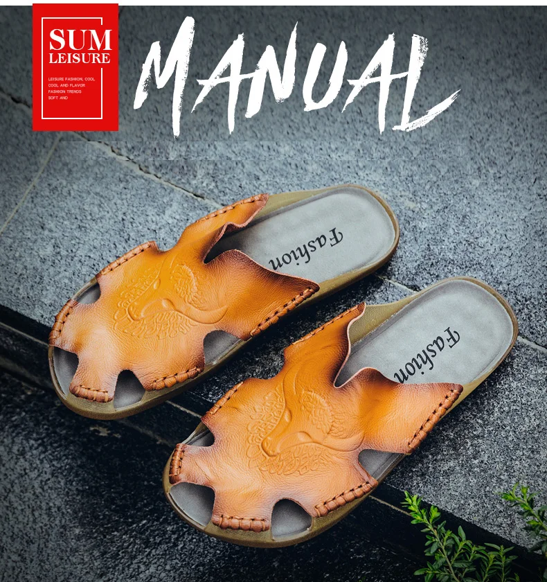 Summer Breathable Men's Sandals Soft Leather Casual Shoes Comfortable Flats Man slippers Roman Style Beach Sandals 4