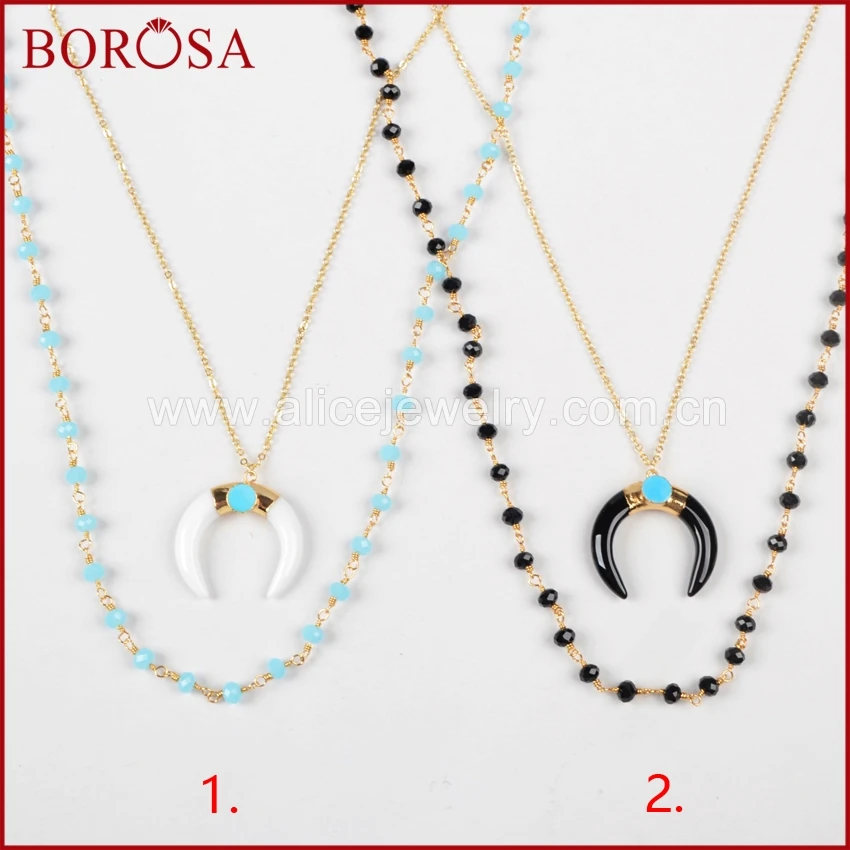 BOROSA Gold Color White Crystal Druzy Crescent Double Horn Layer Necklace Paved Natural Stone With Blue Beads Chain G0955
BOROSA Gold Color White Crystal Druzy Crescent Double Horn Layer Necklace Paved Natural Stone With Blue Beads Chain G0955