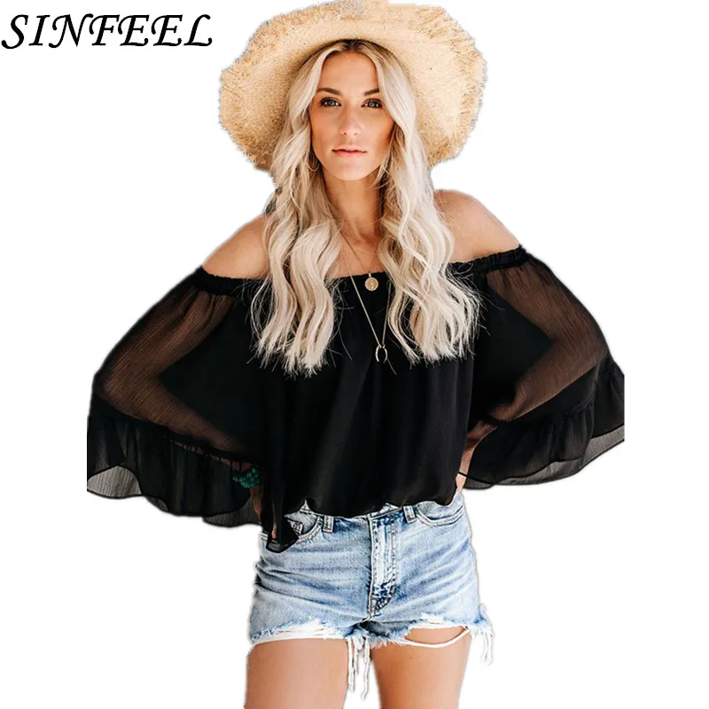 Summer Blouse Women Chiffon Vacation Shirts Tops 2019 Fashion Casual Long Flare Sleeve Sexy Slash Neck Blouses Femme Blusa
Summer Blouse Women Chiffon Vacation Shirts Tops 2019 Fashion Casual Long Flare Sleeve Sexy Slash Neck Blouses Femme Blusa