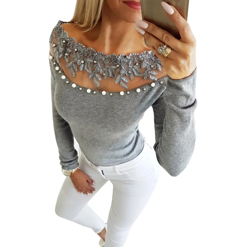 Fashion-Fashion Solid Knit Lace Patchwork Top Pearl Off Shoulder Blouse Long Sleeve Hollow Out Lace Elegant Slim Blouse Tops F
Fashion-Fashion Solid Knit Lace Patchwork Top Pearl Off Shoulder Blouse Long Sleeve Hollow Out Lace Elegant Slim Blouse Tops F