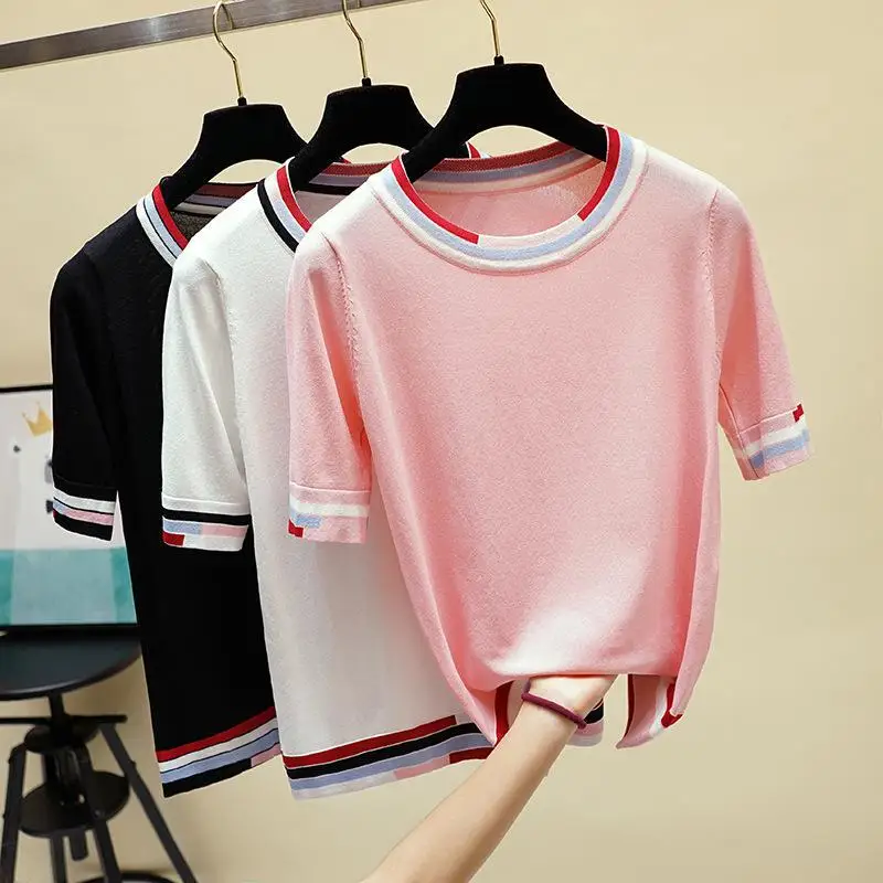 Women Summer Sweaters Thin Female Pullovers 2019 Knitting Shirts Pink Black White Tees O-neck Short Sleeve Pull Femme Tops | Женская