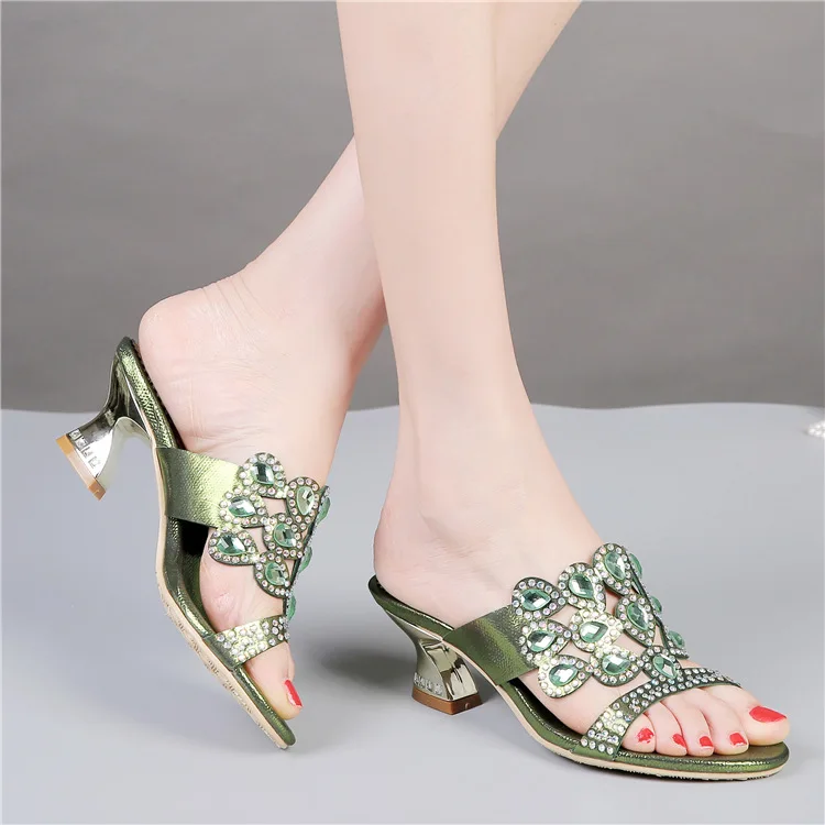 2016 New Diamond Sandals Green Cheap Chunky High Heels Best Luxury Casual Shoes Ladies Leather Slippers3