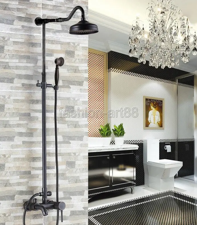 

Black Oil Rubbed Brass Bathroom Wall Mounted Rainfall Shower Faucet Set Bath Tub Mixer Tap Telephone Style Hand Shower ars601