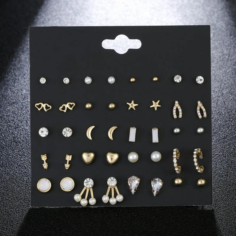20 Pairs/set Cute Star Moon Heart Gold Stud Earrings Set For Women Girl Jewelry Fashion Crystal Rhinestone Pearl Earring Mixed
20 Pairs/set Cute Star Moon Heart Gold Stud Earrings Set For Women Girl Jewelry Fashion Crystal Rhinestone Pearl Earring Mixed
