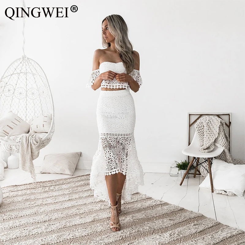 QINGWEI Sexy Women Party Suit Elegant Two Piece Sets Party Outfits White Lace Tube top Strapless Crop Top Pencil Skirt Vestidos
QINGWEI Sexy Women Party Suit Elegant Two Piece Sets Party Outfits White Lace Tube top Strapless Crop Top Pencil Skirt Vestidos