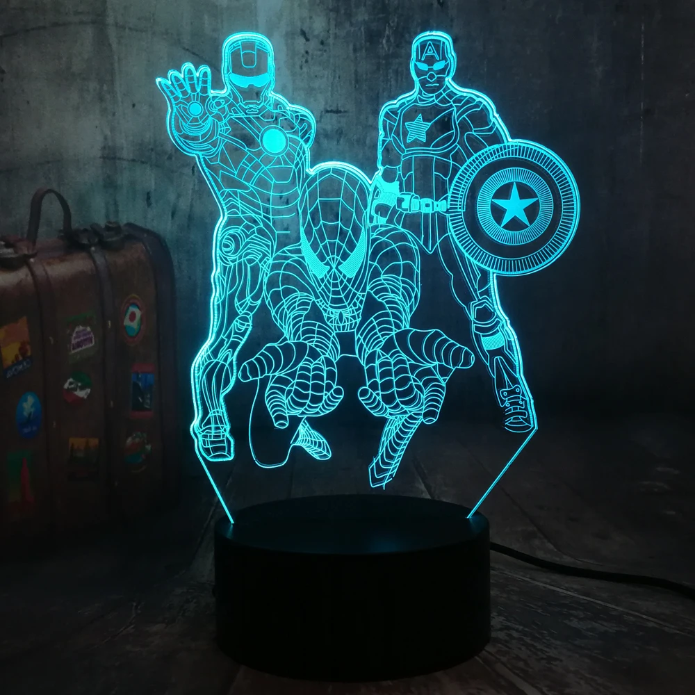 The Avengers Marvel Comics Iron Man Spiderman Captain America 3D LED Night Light Kids Toy Christmas Gift Desk Lamp Bedroom Decor 
The Avengers Marvel Comics Iron Man Spiderman Captain America 3D LED Night Light Kids Toy Christmas Gift Desk Lamp Bedroom Decor