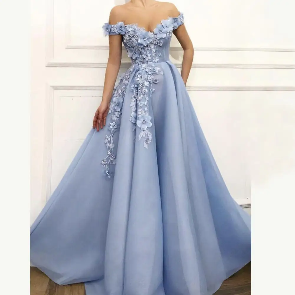 2019 Elegant Off The Shoulder Evening Dresses 3D Flora Appliques Beaded Light Sky Blue Dubai Style Prom Dresses Occasion Dresses
2019 Elegant Off The Shoulder Evening Dresses 3D Flora Appliques Beaded Light Sky Blue Dubai Style Prom Dresses Occasion Dresses