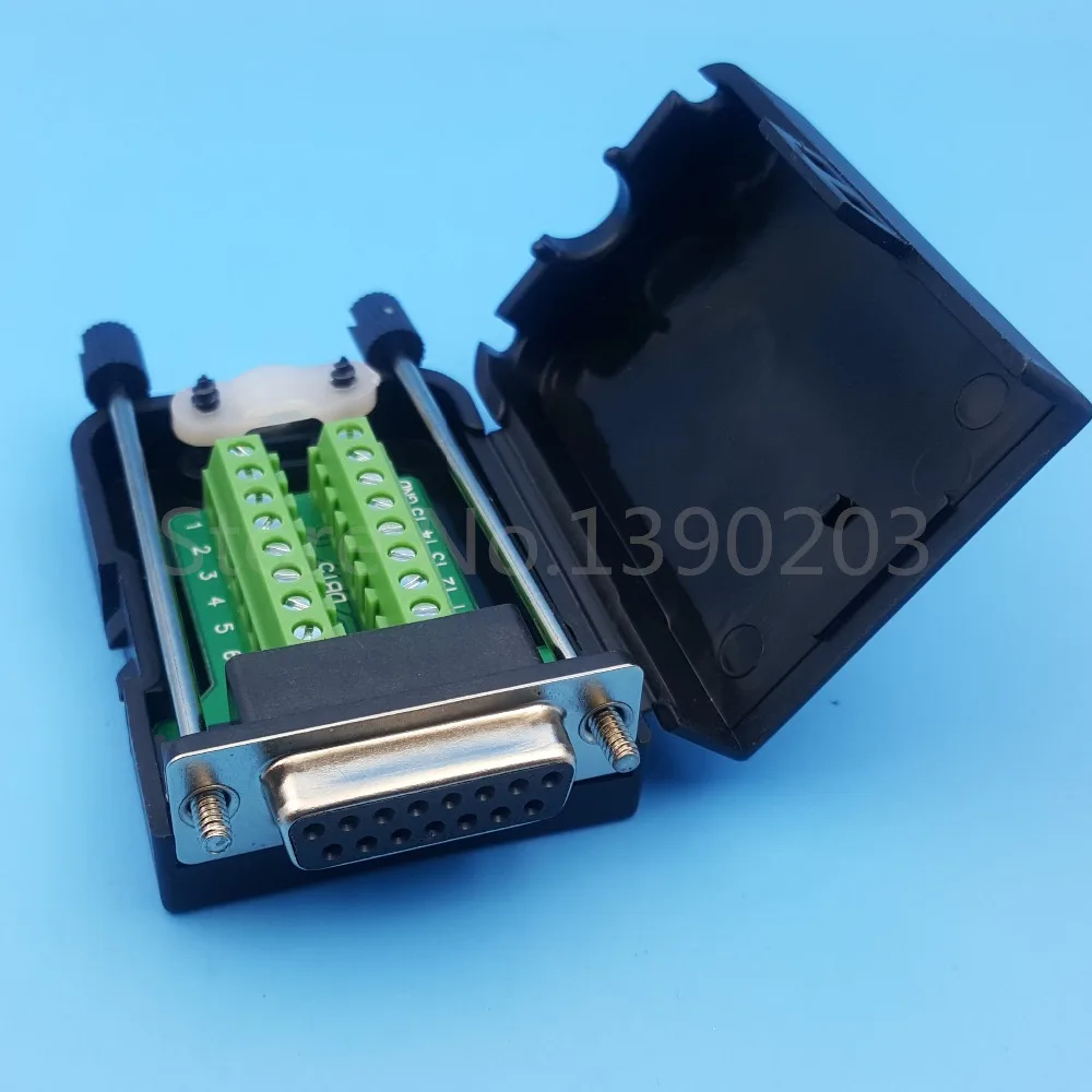 DB15 D-SUB Female 2 Row 15 Pin Plug Breakout Terminals Board Connector Screw Type Black Plastic Cover
DB15 D-SUB Female 2 Row 15 Pin Plug Breakout Terminals Board Connector Screw Type Black Plastic Cover