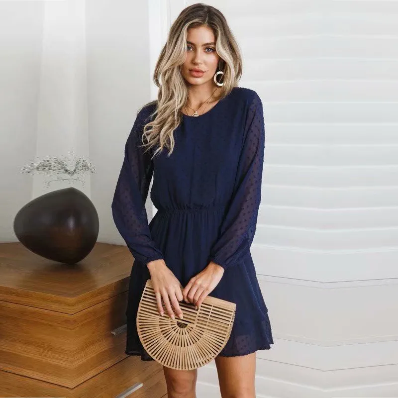 yinlinhe Blue Polka Dot Dress Women Long Sleeve Transparent Elegant Autumn Dress Elasticity Waist Ruffles Mini Vestido 3
