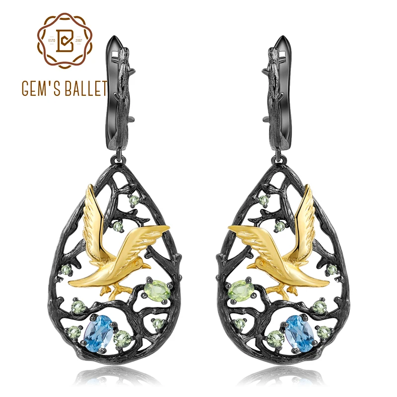 GEM'S BALLET Natural Swiss Blue Topaz Gemstones Earrings 925 Sterling Silver Handmade Bird on the Tree Drop Earrings For Women
GEM'S BALLET Natural Swiss Blue Topaz Gemstones Earrings 925 Sterling Silver Handmade Bird on the Tree Drop Earrings For Women