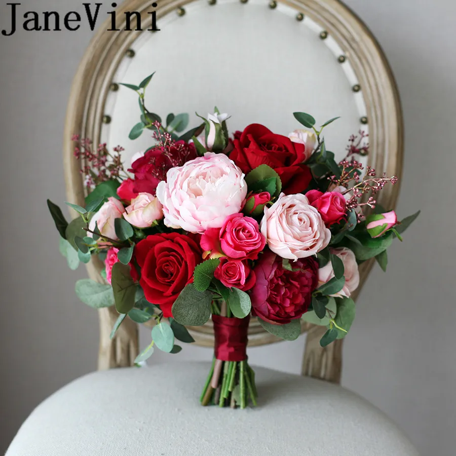 Свадебный букет невесты JaneVini Винтажная брошь красный розовый бордовый пион