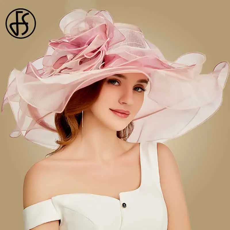 

FS 2019 Pink Kentucky Derby Hat For Women Organza Sun Hats Flowers Elegant Summer Large Wide Brim Ladies Wedding Church Fedoras