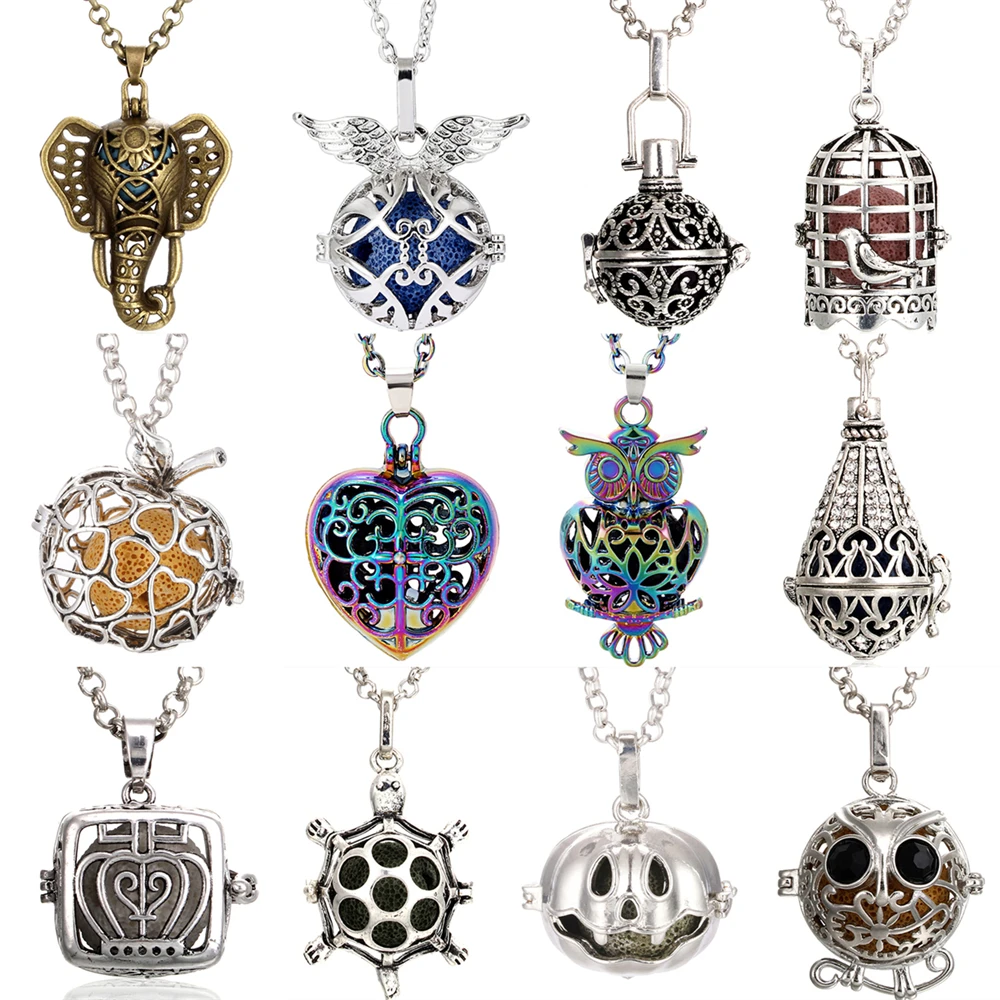 

More Style Turtle Elephant Owl Lava Rock Hollow Open Locket Aroma Essential Oil Diffuser Pendant Necklace With 70cm SS Chain
