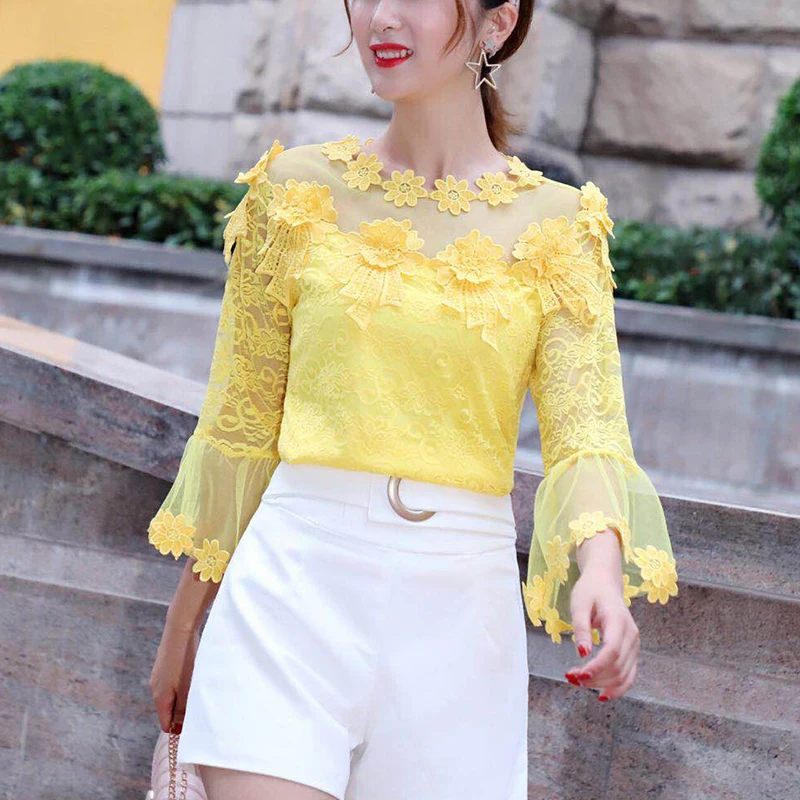 Women Blouse Summer Autumn Sweet Floral Embroidery Lace Shirt Sexy Flare Sleeve Mesh Blouses Blusas Female Slim Short Tops S1255
Women Blouse Summer Autumn Sweet Floral Embroidery Lace Shirt Sexy Flare Sleeve Mesh Blouses Blusas Female Slim Short Tops S1255