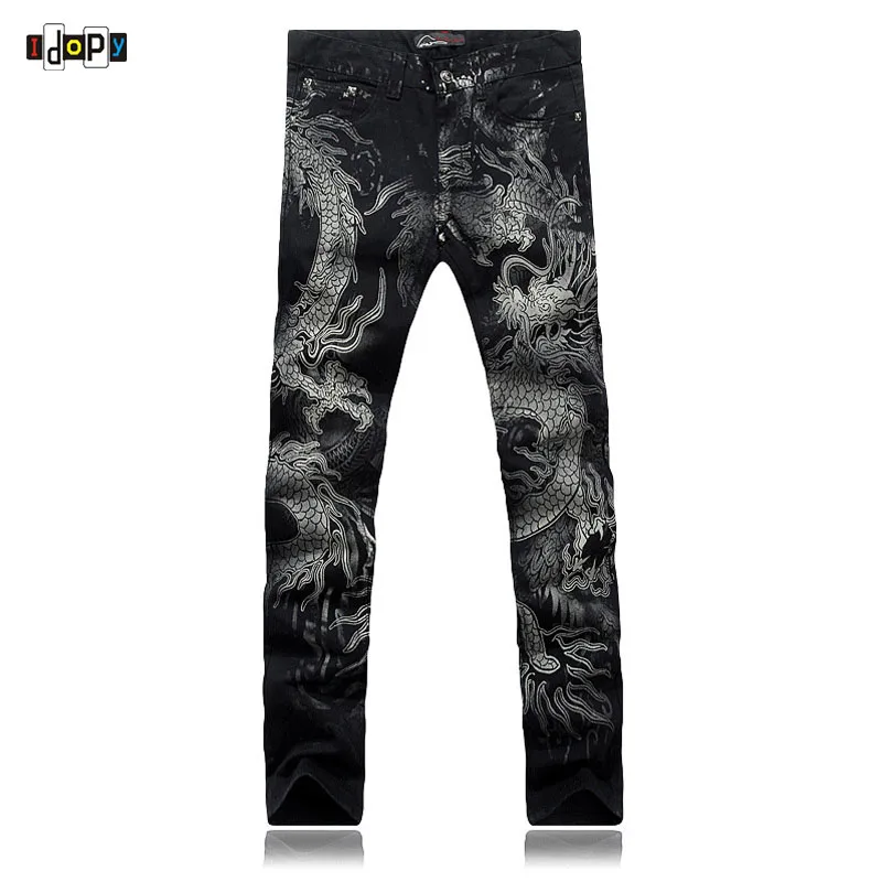 Idopy Cool Men`s Dragon Printed Jeans Black Painted Slim Fit Elastic Denim Trousers Pants For Male Wholesale
Idopy Cool Men`s Dragon Printed Jeans Black Painted Slim Fit Elastic Denim Trousers Pants For Male Wholesale