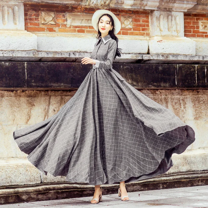 Free Shipping 2019 New Spring And Autumn Women Long Sleeve Maxi Turn-down Collar S-L Vintage Plaid Grey Dress With Belt Big Hem
Free Shipping 2019 New Spring And Autumn Women Long Sleeve Maxi Turn-down Collar S-L Vintage Plaid Grey Dress With Belt Big Hem