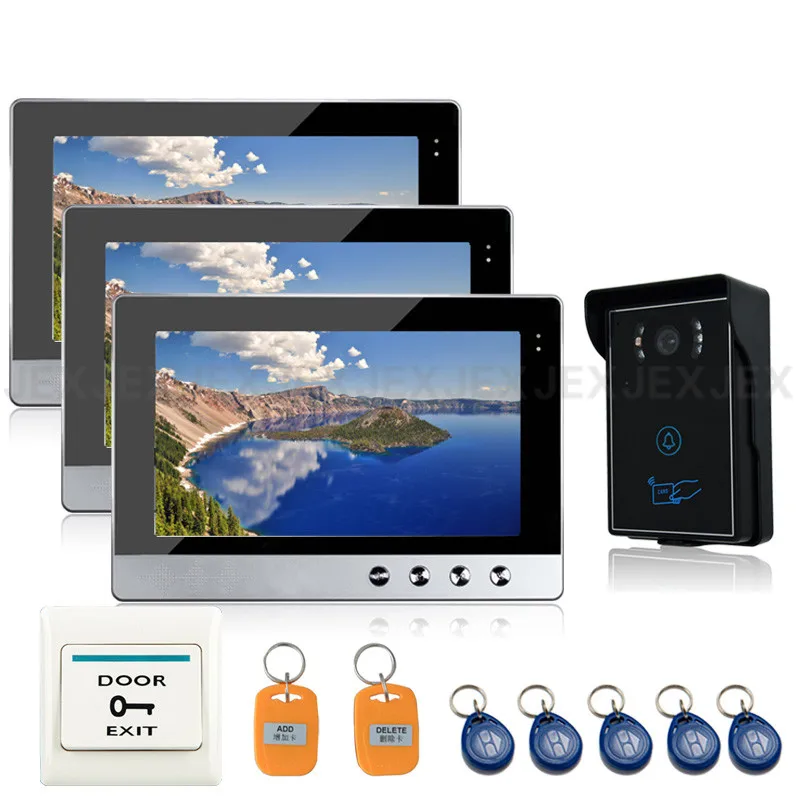 

JEX 10`` color video door phone doorbell speaker intercom system kit 3 monitor + Waterproof RFID access control COMS Camera 1V3