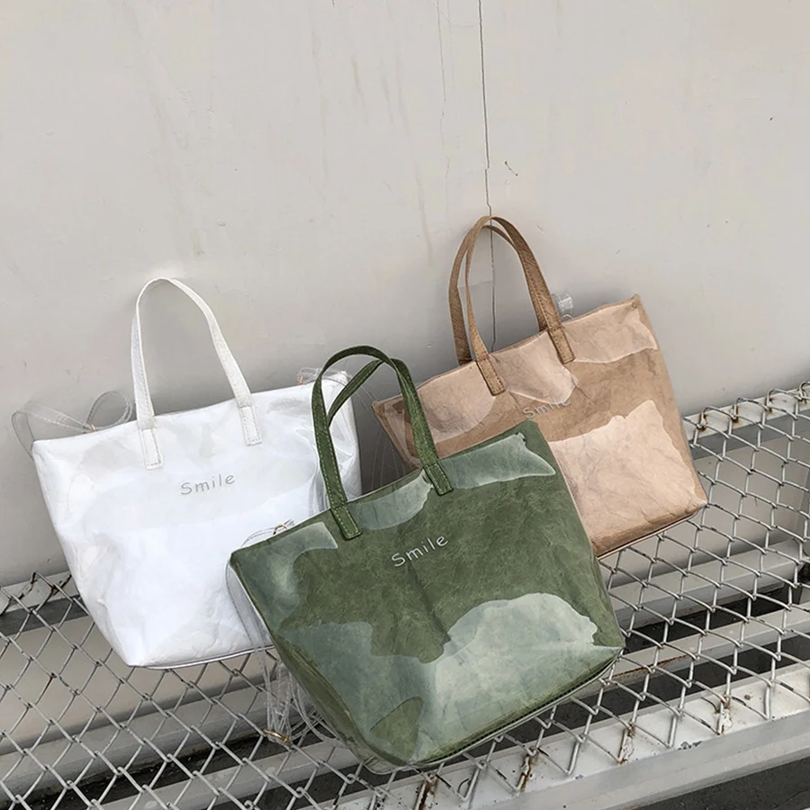 Vintage Kraft Paper Shopping Bag Women PVC Clear Double Transparent Purses Handbag Designer Waterproof Causal Totes Shoulder Bag
Vintage Kraft Paper Shopping Bag Women PVC Clear Double Transparent Purses Handbag Designer Waterproof Causal Totes Shoulder Bag