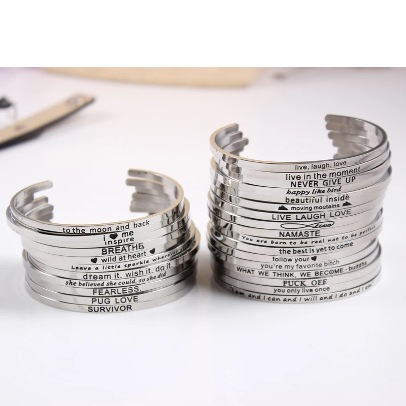2017 New Style Stainless Steel Engraved Positive Inspirational Quote Cuff Bracelet Mantra Bangles Bracelet For Women Gift (Silve
2017 New Style Stainless Steel Engraved Positive Inspirational Quote Cuff Bracelet Mantra Bangles Bracelet For Women Gift (Silve