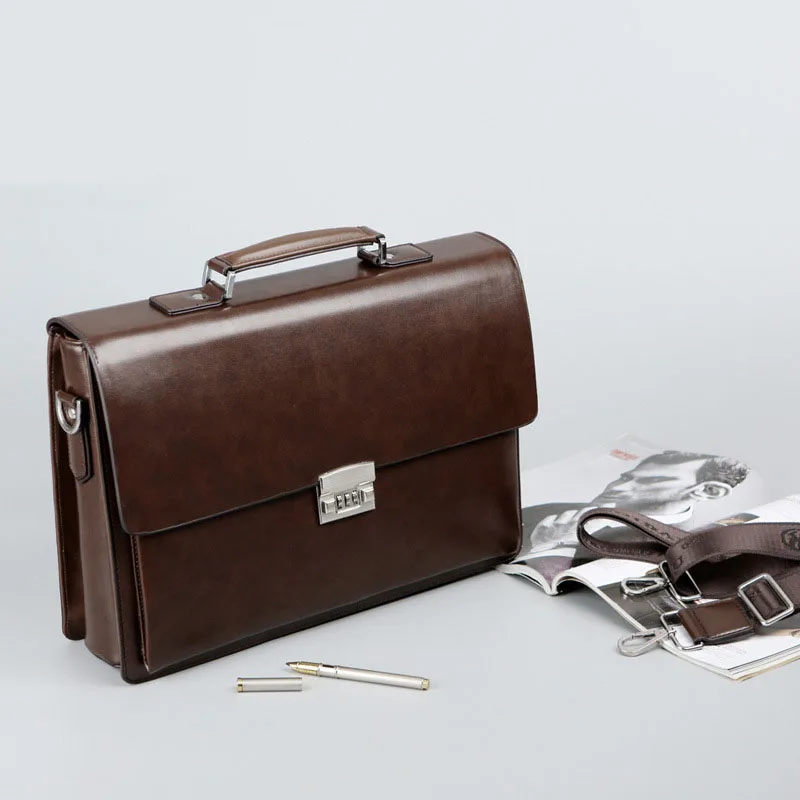 

Mens Briefcase Bag Business Man Bag Theftproof Lock PU Leather Briefcase For Man Solid Bank OL Dress Man Handbag