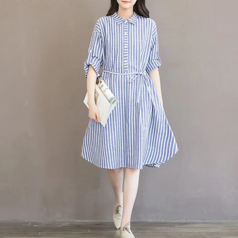 Mferlier Summer Stripe Dress Women Turn Down Collar Adjustable Sleeve Simple All Match Mori Girl A Line Loose Shirt Dress
Mferlier Summer Stripe Dress Women Turn Down Collar Adjustable Sleeve Simple All Match Mori Girl A Line Loose Shirt Dress