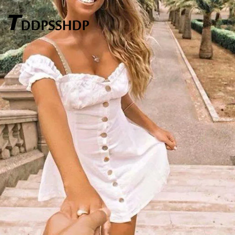 Expose Shoulder Puff Sleeve Single Breasted Women Dress White Color Refreshing Design A Line Female Dresses
Expose Shoulder Puff Sleeve Single Breasted Women Dress White Color Refreshing Design A Line Female Dresses