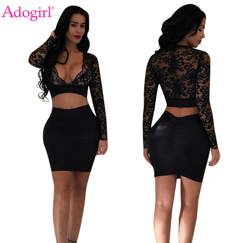 

Adogirl Sexy Sheer Lace Crop Top Bandage Dress Women Two Piece Set Plunging Deep V Neck Long Sleeve Cropped Bodycon Mini Dresses