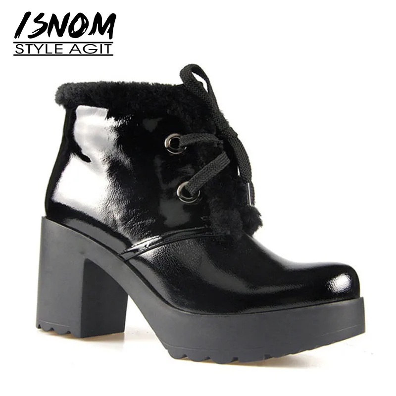 ISNOM Patent Leather Women Ankle Boots Round Toe Warm Footwear Lace Up High Heels Female Boot Platform Shoes Woman 2018 Black
ISNOM Patent Leather Women Ankle Boots Round Toe Warm Footwear Lace Up High Heels Female Boot Platform Shoes Woman 2018 Black