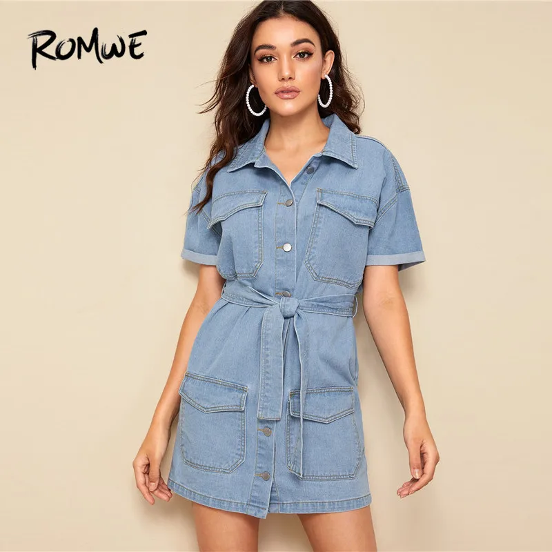 ROMWE Blue Short Sleeve Contrast Stitch Shirt Belted Mini Denim Dress Women High Street Flap Pocket Front Short Jean Dresses
ROMWE Blue Short Sleeve Contrast Stitch Shirt Belted Mini Denim Dress Women High Street Flap Pocket Front Short Jean Dresses