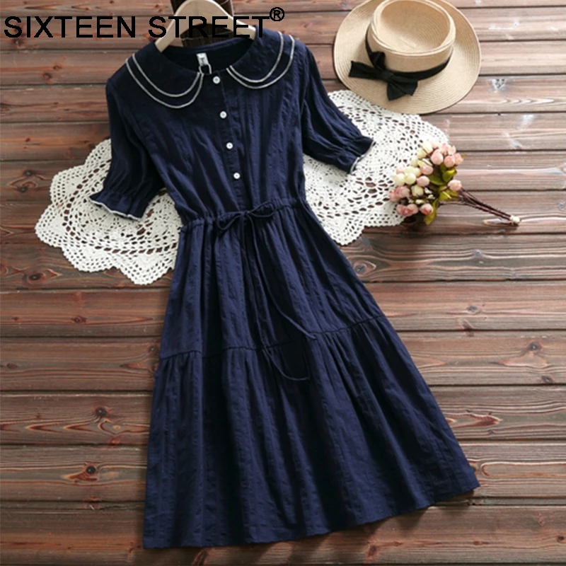 New dress for woman navy blue short sleeve peter pan collar elastic waist plus size loose cotton pink mid dresses female
New dress for woman navy blue short sleeve peter pan collar elastic waist plus size loose cotton pink mid dresses female