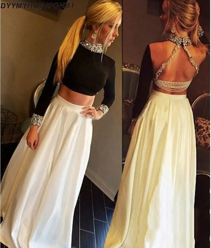 White and Black Two Pieces Long Sleeve Beads Prom Dress Robe de soiree longu | Свадьбы и торжества