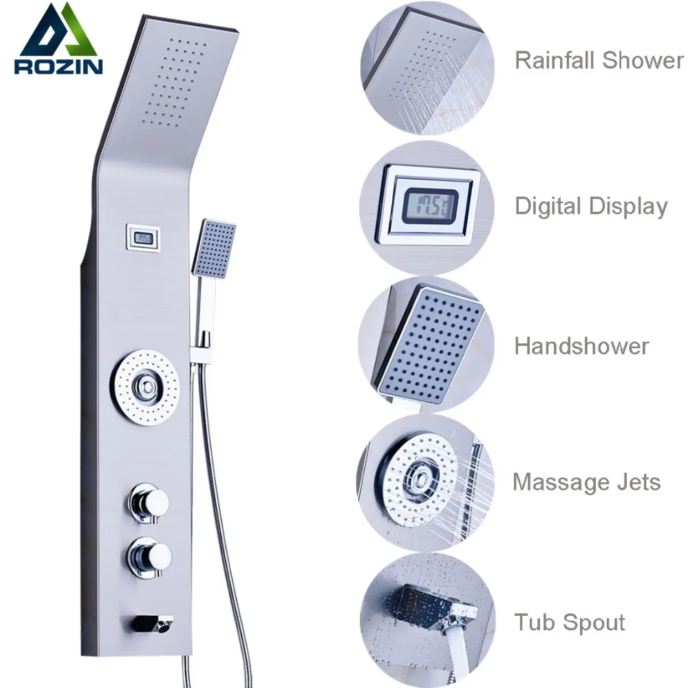 

Brushed Nickel Wall Hanger Shower Column Single Handle Body Massage Jets Rain Waterfall Shower Panel with Handshower