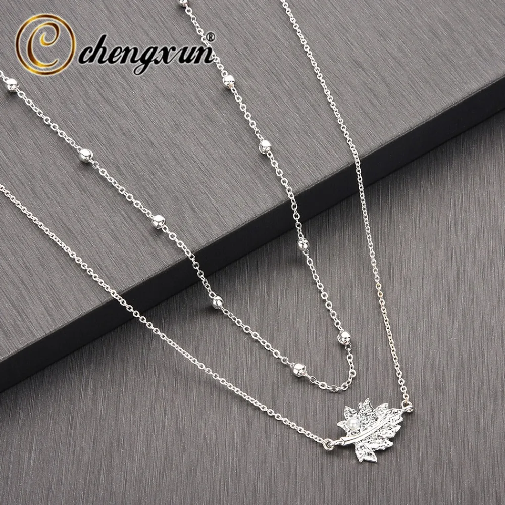 Фото CHENGXUN Delicate Leaf Leaves with Pearl Multi Layer Necklaces for Women Pendants Jewelry Beads Long C hain Necklace | Украшения и