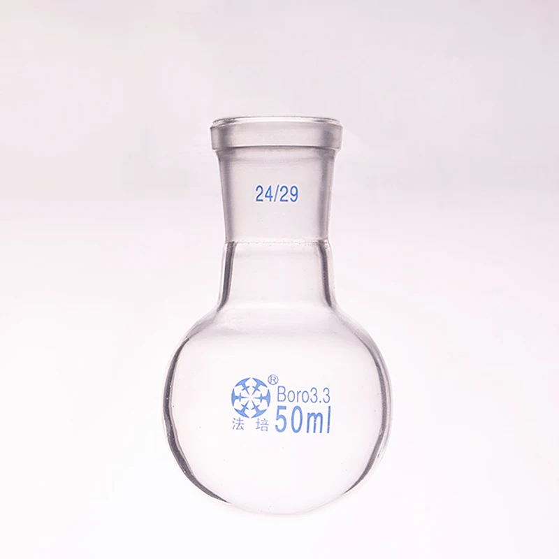 Single standard mouth round-bottomed flask,Capacity 50ml and joint 24/29,Single neck round flask
Single standard mouth round-bottomed flask,Capacity 50ml and joint 24/29,Single neck round flask