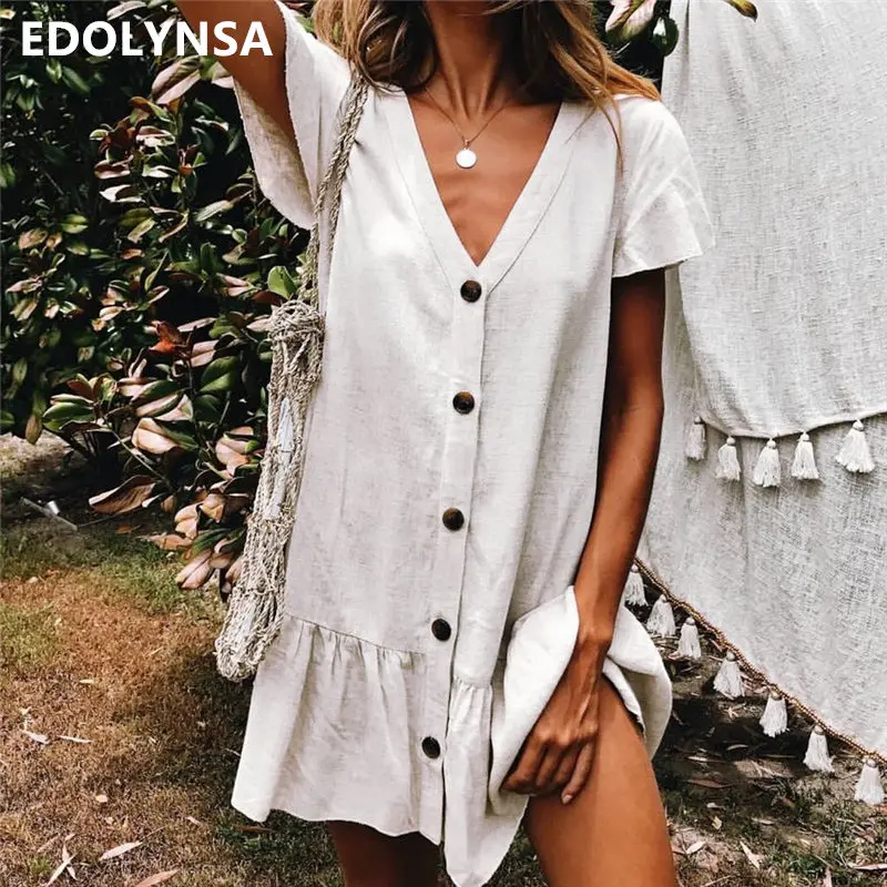 2019 Summer Beach White Cotton Tunic Women Beachwear Tops Blouse Sexy V-Neck Button Front Open Short Sleeve Shirts Feminina N744
2019 Summer Beach White Cotton Tunic Women Beachwear Tops Blouse Sexy V-Neck Button Front Open Short Sleeve Shirts Feminina N744