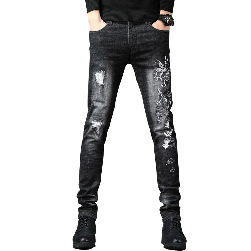 Dragon Embroidery Denim Jeans Men Slim Fit Biker Zipper Fly Skinny Frayed Male Hole Pencil Pants Distressed Ripped Trousers
Dragon Embroidery Denim Jeans Men Slim Fit Biker Zipper Fly Skinny Frayed Male Hole Pencil Pants Distressed Ripped Trousers
