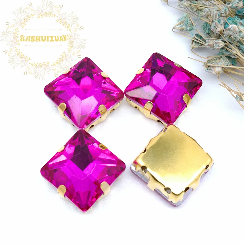 Rose red Square Crystal Glass Sewing Rhinestones with gold Claw for Diy wedding Dress and Bags | Дом и сад